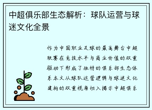 中超俱乐部生态解析：球队运营与球迷文化全景
